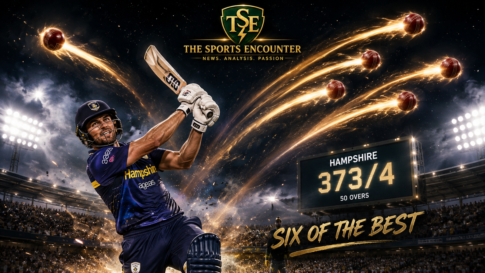 Toby Albert launches another six for Hampshire as six cricket balls streak across the night sky, illustrating his remarkable six consecutive sixes during the One-Day Cup win over Sussex.