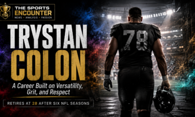 Trystan Colon walks away from a floodlit football field holding his helmet, marking his retirement at 28 after six NFL seasons built on versatility, grit and respect.