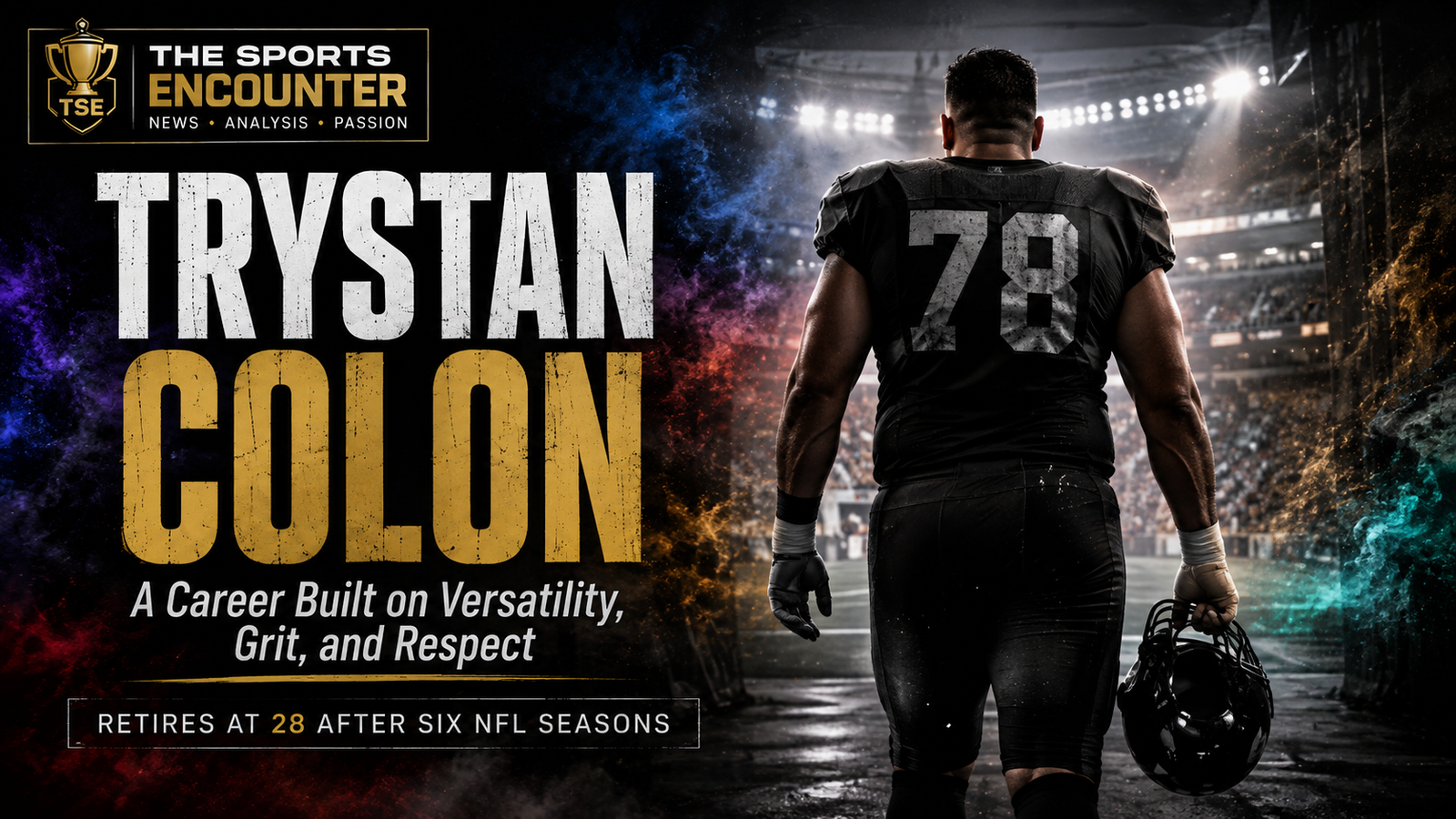 Trystan Colon walks away from a floodlit football field holding his helmet, marking his retirement at 28 after six NFL seasons built on versatility, grit and respect.
