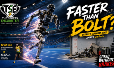 Unitree’s Superman humanoid robot racing against a sprinter in a futuristic stadium, highlighting the claimed 12.66 m/s speed comparison with Usain Bolt.