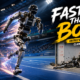 Unitree’s Superman humanoid robot racing against a sprinter in a futuristic stadium, highlighting the claimed 12.66 m/s speed comparison with Usain Bolt.