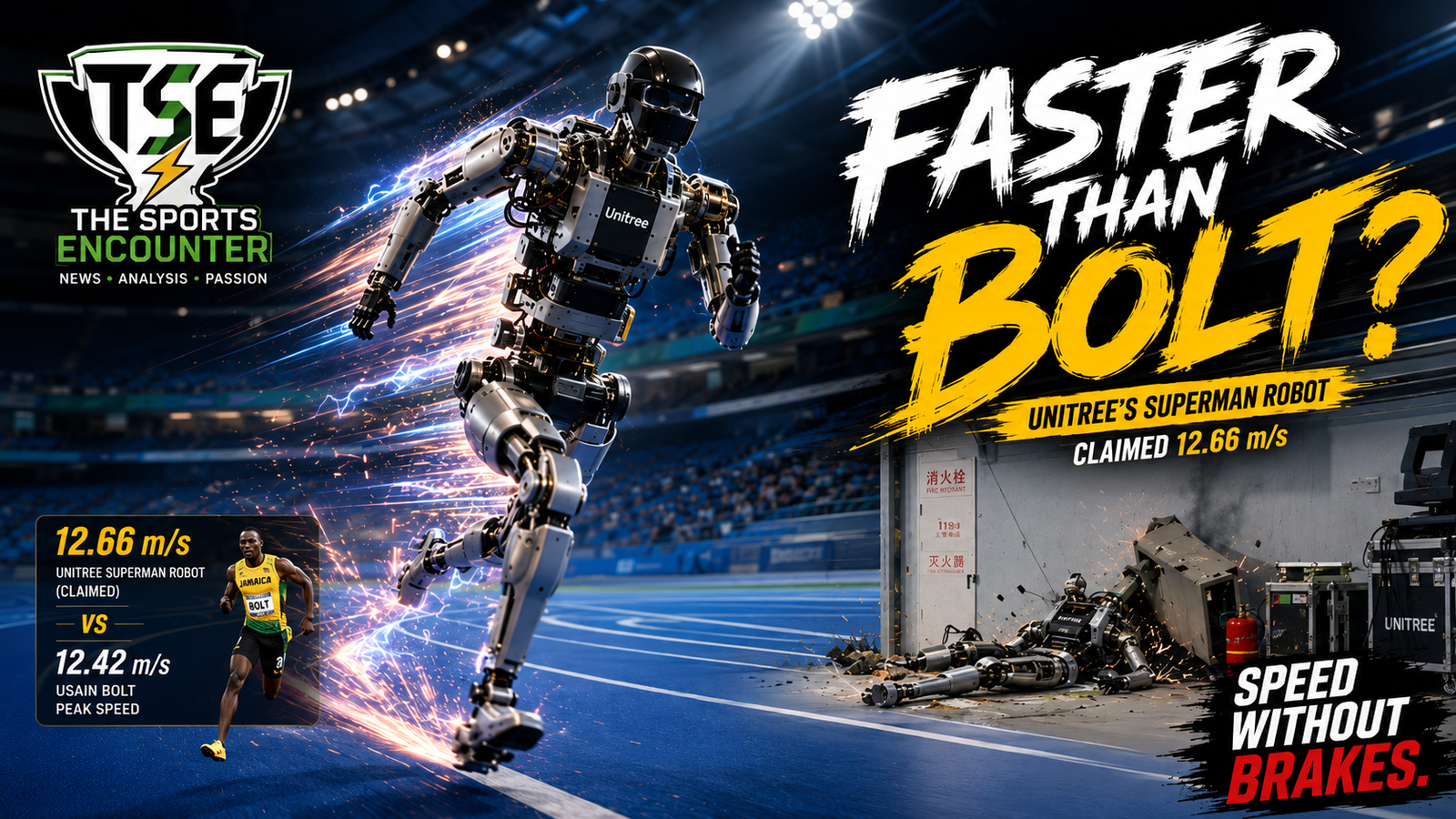 Unitree’s Superman humanoid robot racing against a sprinter in a futuristic stadium, highlighting the claimed 12.66 m/s speed comparison with Usain Bolt.