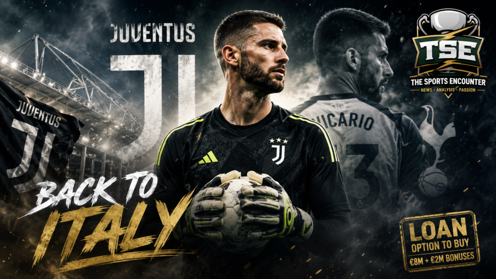Guglielmo Vicario pictured in Juventus colors after joining the Serie A club on loan from Tottenham, with an €8 million purchase option highlighted in a cinematic transfer graphic.