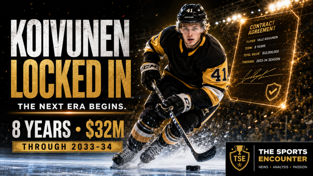 Cinematic hockey graphic showing Ville Koivunen in a black-and-gold No. 41 uniform skating with the puck through ice spray, alongside a glowing eight-year, $32 million contract through 2033-34, the headline “Koivunen Locked In,” the message “The Next Era Begins,” and The Sports Encounter logo.