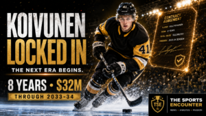 Cinematic hockey graphic showing Ville Koivunen in a black-and-gold No. 41 uniform skating with the puck through ice spray, alongside a glowing eight-year, $32 million contract through 2033-34, the headline “Koivunen Locked In,” the message “The Next Era Begins,” and The Sports Encounter logo.