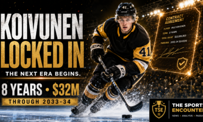 Cinematic hockey graphic showing Ville Koivunen in a black-and-gold No. 41 uniform skating with the puck through ice spray, alongside a glowing eight-year, $32 million contract through 2033-34, the headline “Koivunen Locked In,” the message “The Next Era Begins,” and The Sports Encounter logo.