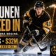 Cinematic hockey graphic showing Ville Koivunen in a black-and-gold No. 41 uniform skating with the puck through ice spray, alongside a glowing eight-year, $32 million contract through 2033-34, the headline “Koivunen Locked In,” the message “The Next Era Begins,” and The Sports Encounter logo.