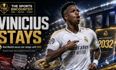 Cinematic Vinícius Júnior contract graphic showing the Real Madrid winger celebrating in a white kit at a floodlit Bernabéu-style stadium, alongside a glowing new contract through 2032, transfer-rumor imagery linking him with Arsenal, the headline “Vinícius Stays,” and The Sports Encounter logo.