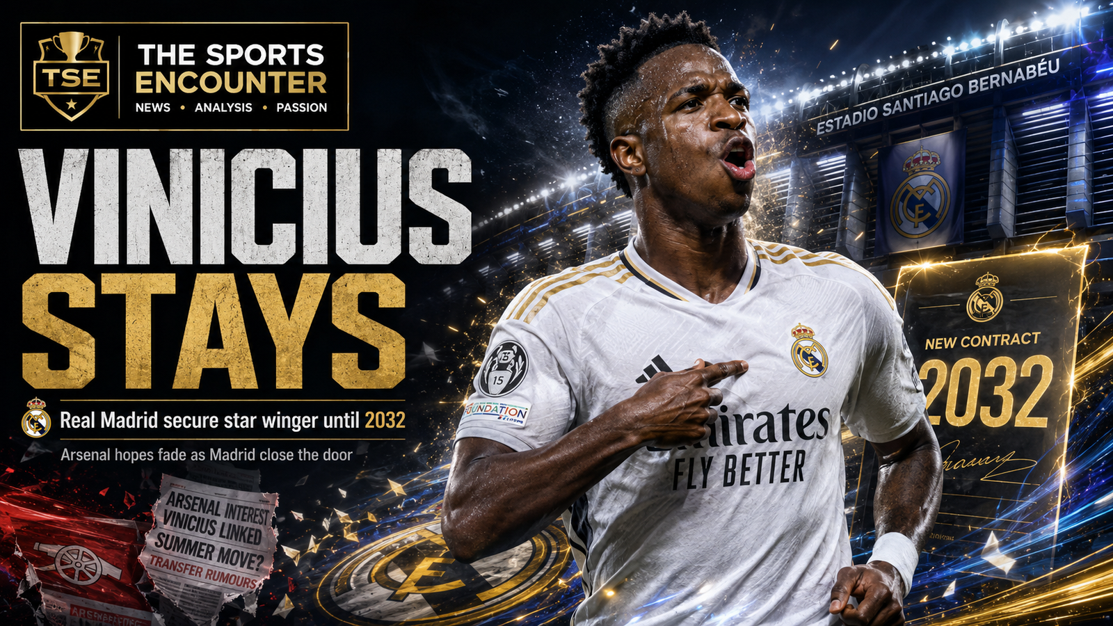 Cinematic Vinícius Júnior contract graphic showing the Real Madrid winger celebrating in a white kit at a floodlit Bernabéu-style stadium, alongside a glowing new contract through 2032, transfer-rumor imagery linking him with Arsenal, the headline “Vinícius Stays,” and The Sports Encounter logo.