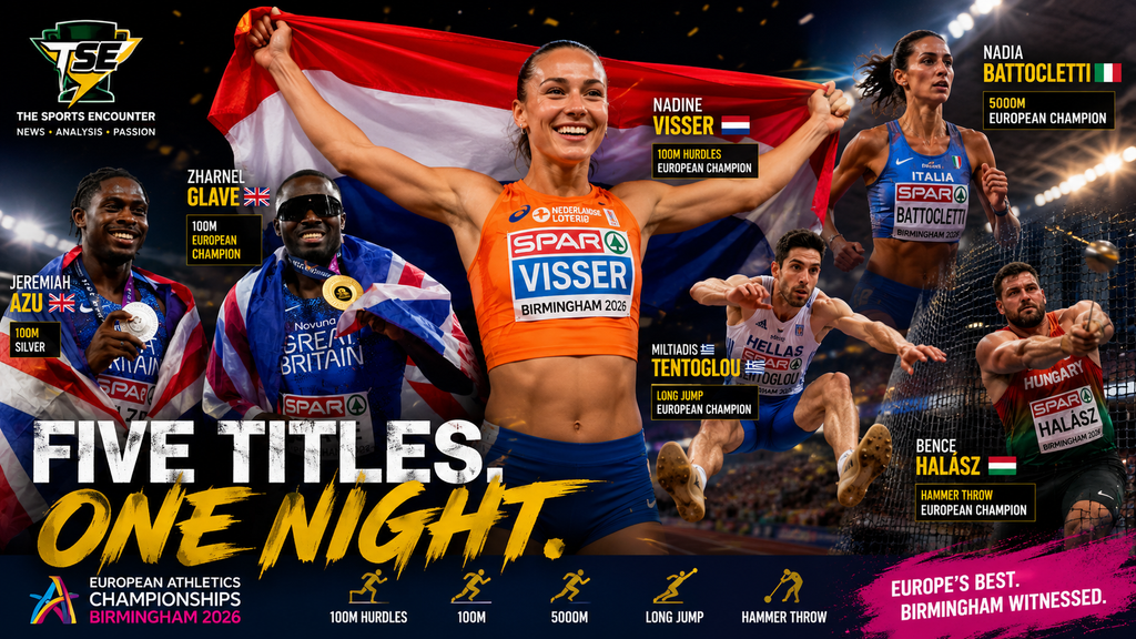 Visser central, Glave and Azu as the British sprint story, plus stylized references to Battocletti, Tentoglou and Halász, with “FIVE TITLES. ONE NIGHT.”