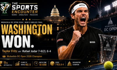 Taylor Fritz celebrates beside the Mubadala DC Open trophy after defeating Rafael Jodar 7-6(2), 6-4, with Washington landmarks, fireworks, and the punchline “Washington Won.”