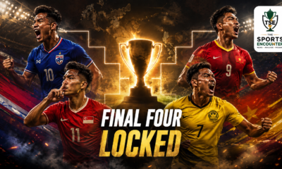 Thailand, Singapore, Vietnam and Malaysia-inspired players surround a glowing championship trophy in a cinematic ASEAN Championship 2026 semifinal scene, with “Final Four Locked” highlighting the knockout stage.