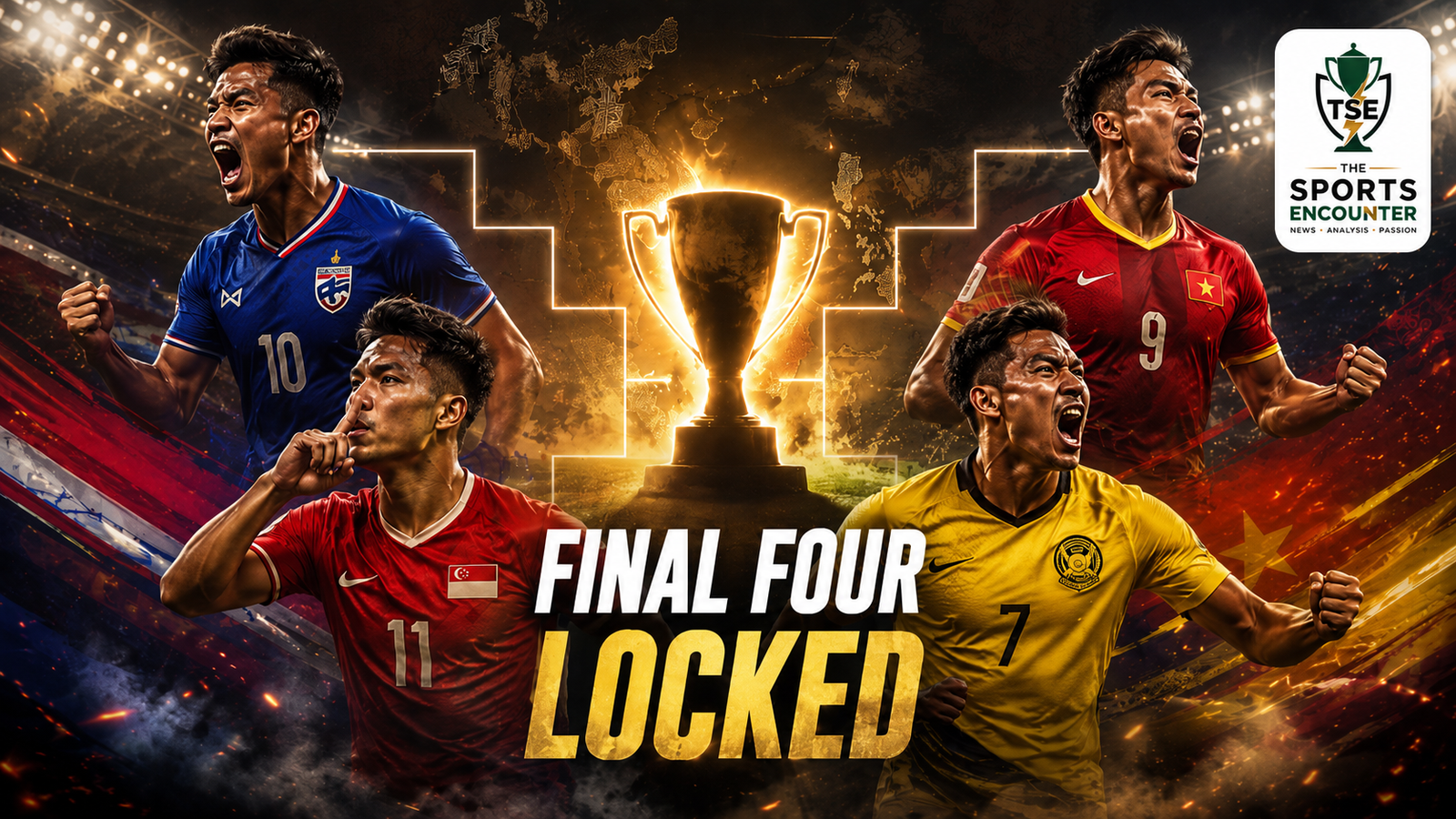 Thailand, Singapore, Vietnam and Malaysia-inspired players surround a glowing championship trophy in a cinematic ASEAN Championship 2026 semifinal scene, with “Final Four Locked” highlighting the knockout stage.
