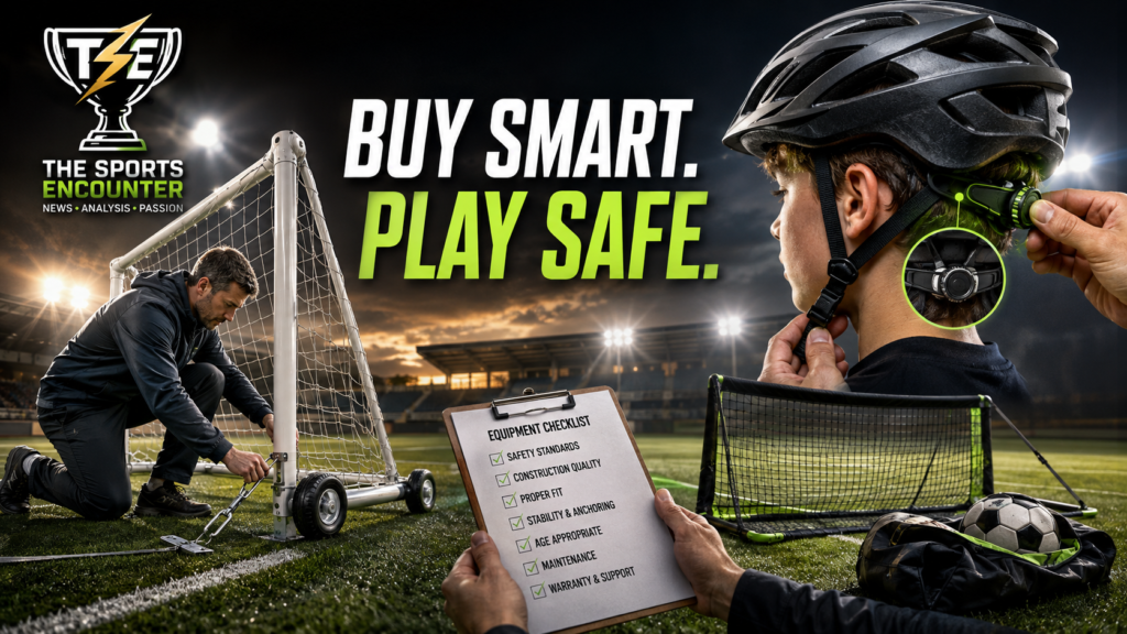 Cinematic sports safety graphic showing a coach anchoring a movable soccer goal, a child having a bicycle helmet properly adjusted, a portable training net, and an equipment safety checklist, with The Sports Encounter logo and the headline “Buy Smart. Play Safe.”