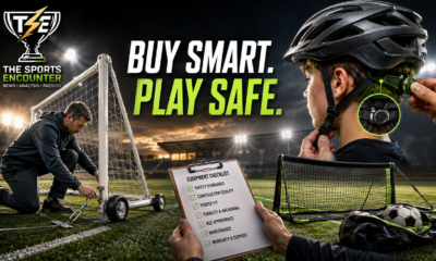 Cinematic sports safety graphic showing a coach anchoring a movable soccer goal, a child having a bicycle helmet properly adjusted, a portable training net, and an equipment safety checklist, with The Sports Encounter logo and the headline “Buy Smart. Play Safe.”