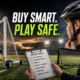 Cinematic sports safety graphic showing a coach anchoring a movable soccer goal, a child having a bicycle helmet properly adjusted, a portable training net, and an equipment safety checklist, with The Sports Encounter logo and the headline “Buy Smart. Play Safe.”