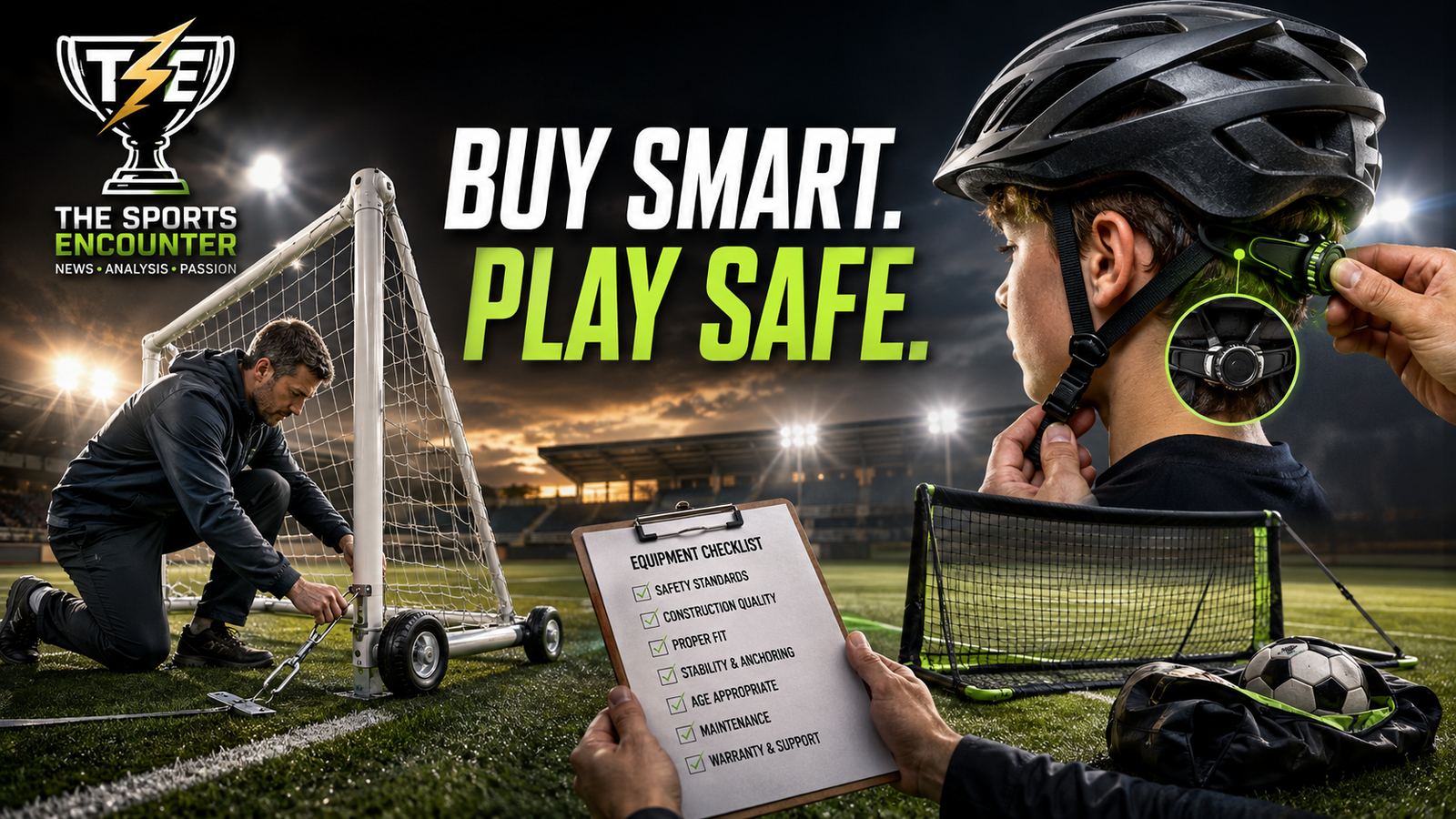 Cinematic sports safety graphic showing a coach anchoring a movable soccer goal, a child having a bicycle helmet properly adjusted, a portable training net, and an equipment safety checklist, with The Sports Encounter logo and the headline “Buy Smart. Play Safe.”