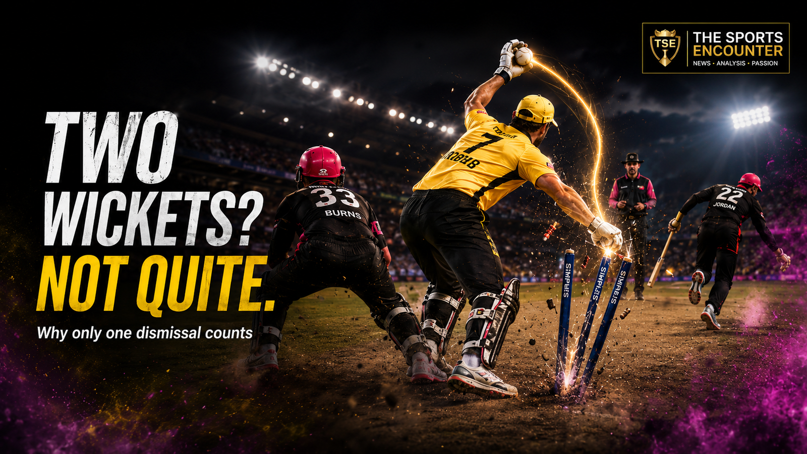 Alt text: A yellow-clad cricketer completes a catch and breaks the stumps as the non-striker runs short of the crease, illustrating why only one wicket counts from the delivery.