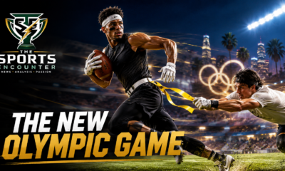 Flag football players in action ahead of the sport’s Olympic debut at Los Angeles 2028, illustrating the fast five-on-five format, passing game, and flag-pulling rules.