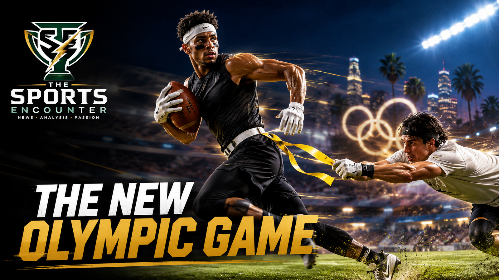 Flag football players in action ahead of the sport’s Olympic debut at Los Angeles 2028, illustrating the fast five-on-five format, passing game, and flag-pulling rules.
