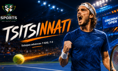 Stefanos Tsitsipas celebrates after beating Valentin Royer in straight sets at the 2026 Cincinnati Open as the “Tsitsinnati” nickname gains attention around the tournament.