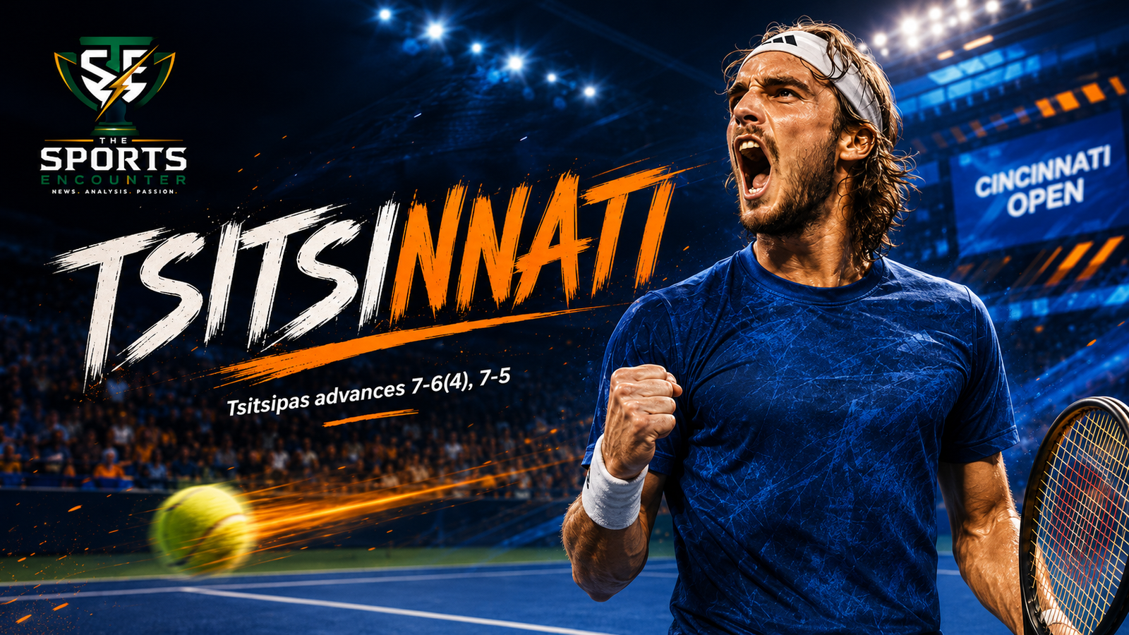 Stefanos Tsitsipas celebrates after beating Valentin Royer in straight sets at the 2026 Cincinnati Open as the “Tsitsinnati” nickname gains attention around the tournament.