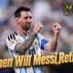 Lionel Messi raises both index fingers toward the sky in Argentina’s No. 10 jersey during a match, illustrating the uncertainty around when the 39-year-old legend will retire from international football.