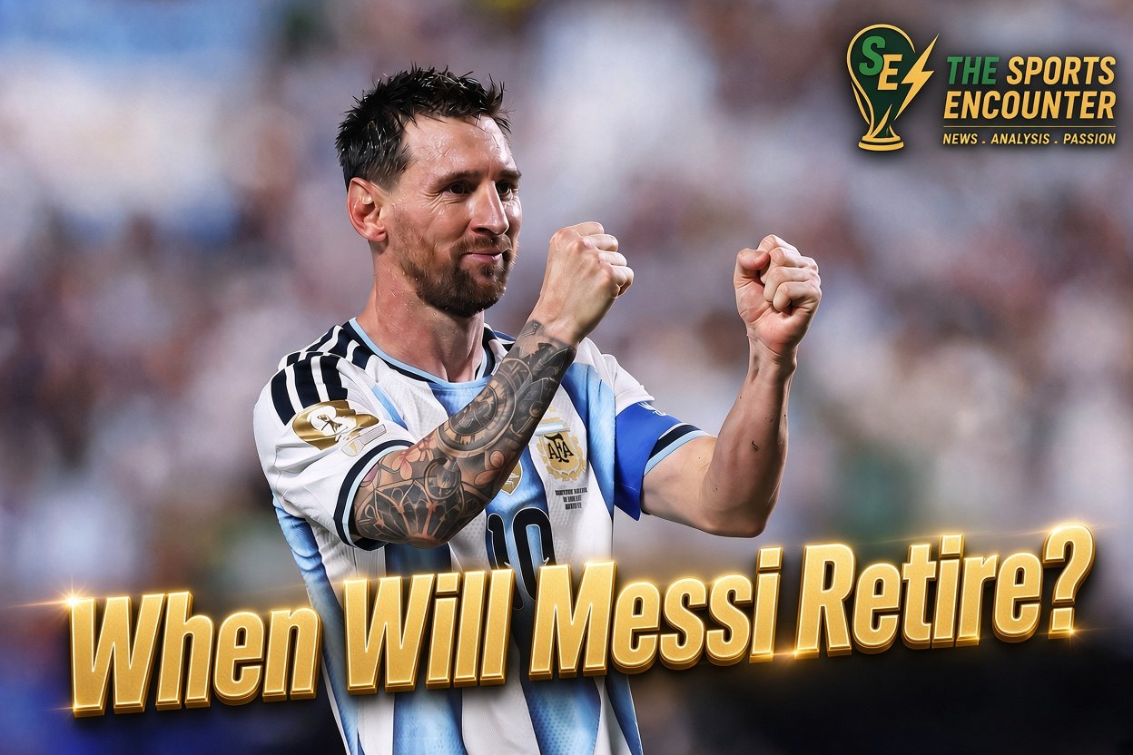 Lionel Messi raises both index fingers toward the sky in Argentina’s No. 10 jersey during a match, illustrating the uncertainty around when the 39-year-old legend will retire from international football.