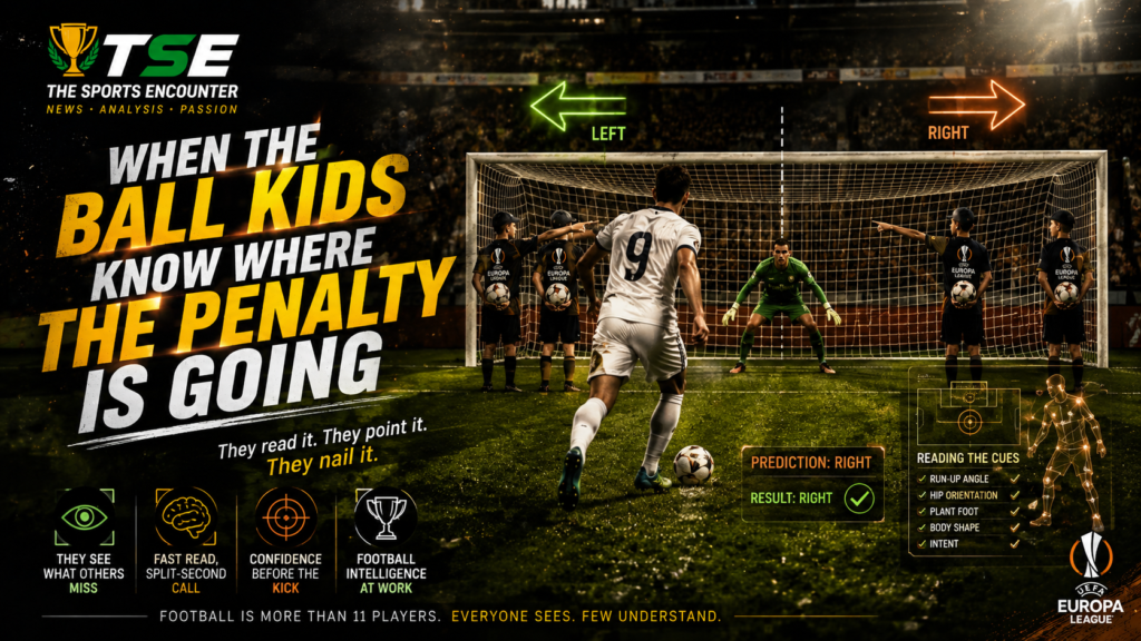 Ball kids behind the goal point toward the predicted penalty direction as a striker prepares to shoot, illustrating how body language, run-up angle, and plant-foot position can reveal where a penalty may be going.