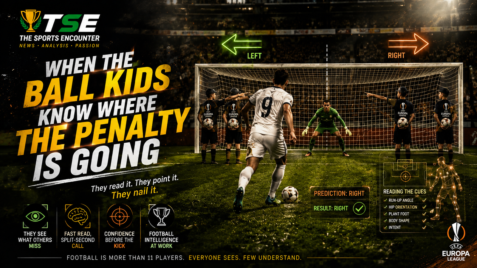 Ball kids behind the goal point toward the predicted penalty direction as a striker prepares to shoot, illustrating how body language, run-up angle, and plant-foot position can reveal where a penalty may be going.