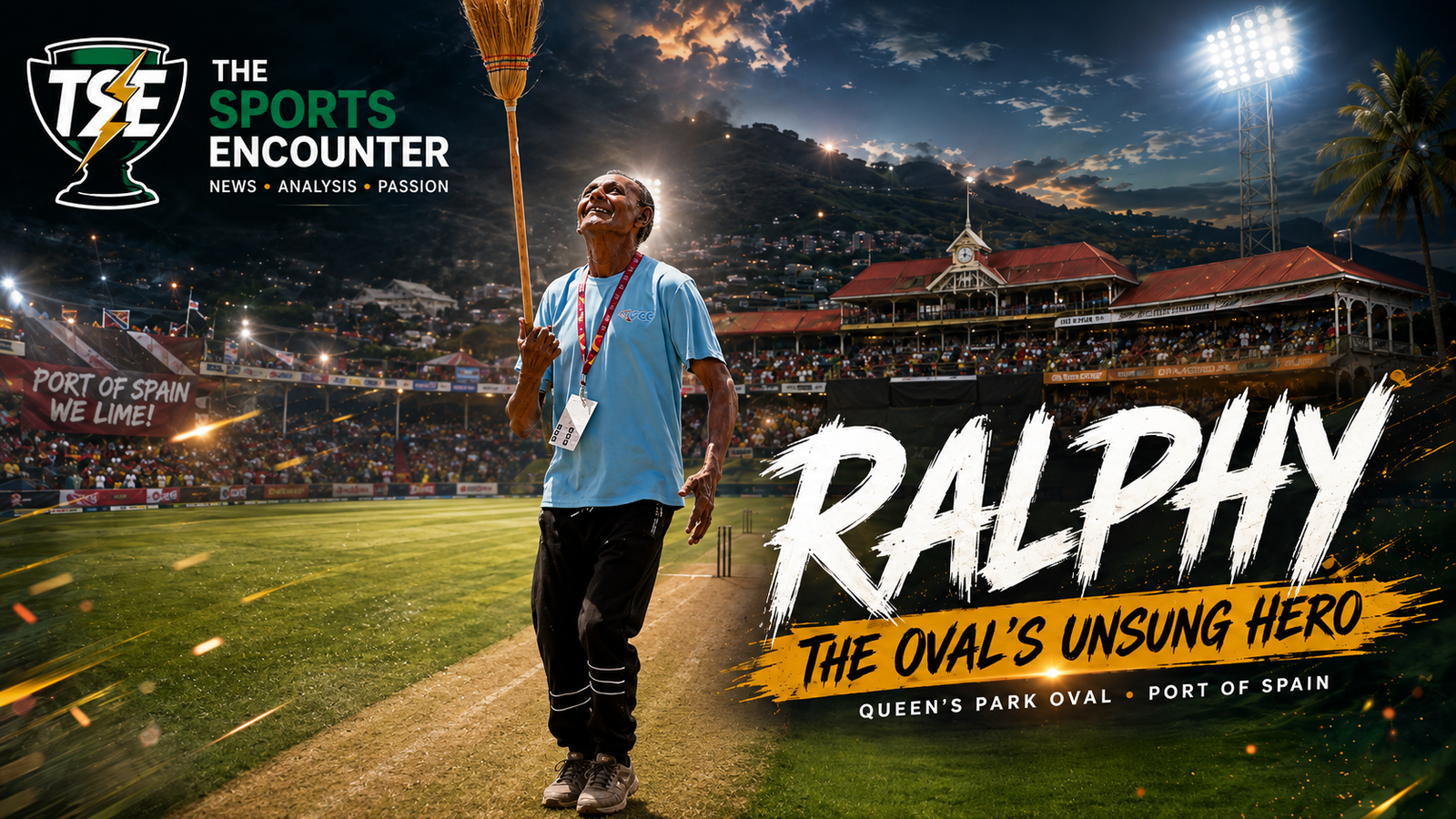 Ralphy, the energetic Queen’s Park Oval groundsman, running onto the field at the historic Port of Spain cricket venue.