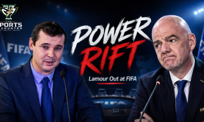 Kevin Lamour and Gianni Infantino feature in a FIFA governance graphic highlighting Lamour’s departure after criticism of the abandoned World Cup investment plan.