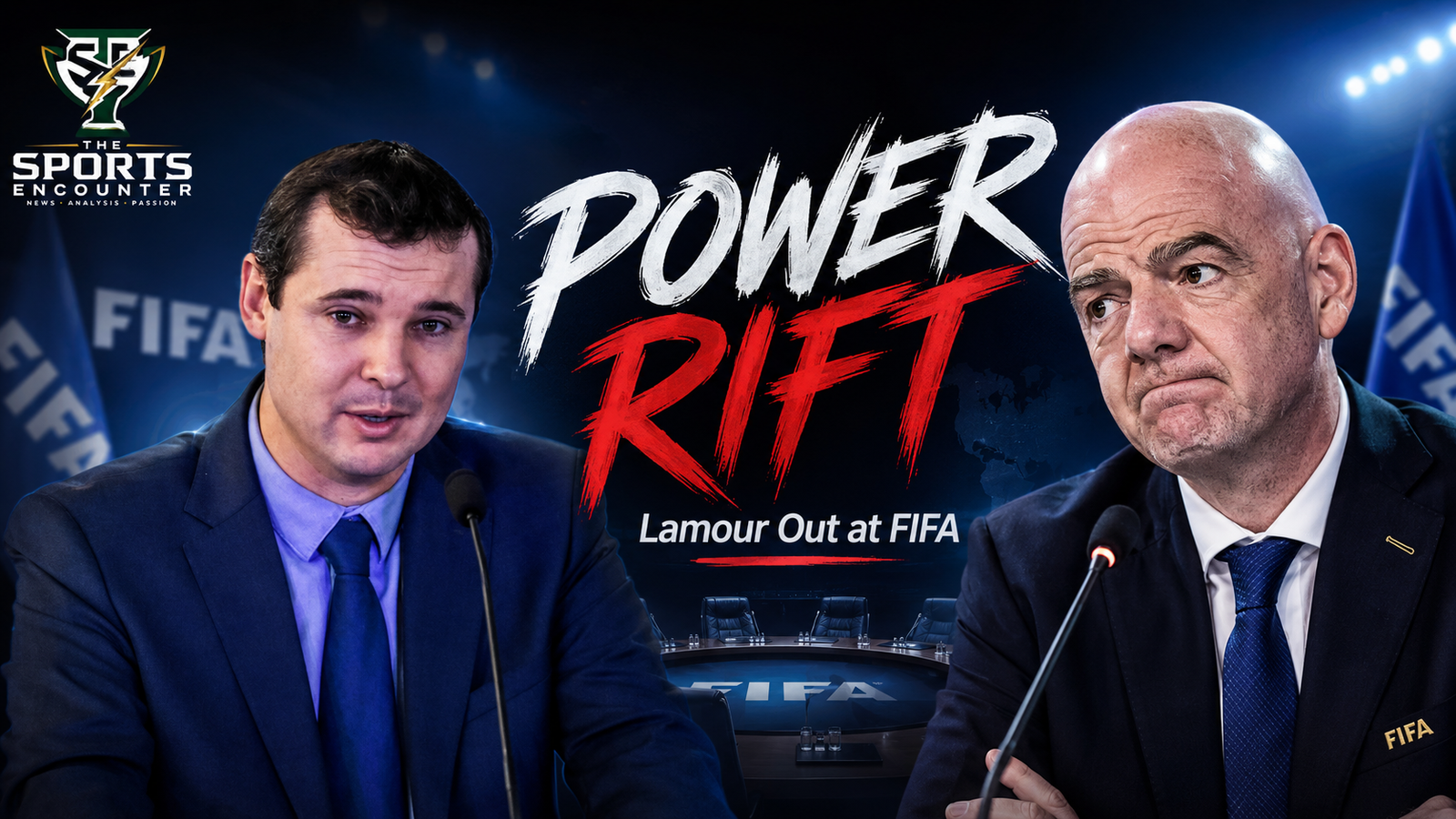 Kevin Lamour and Gianni Infantino feature in a FIFA governance graphic highlighting Lamour’s departure after criticism of the abandoned World Cup investment plan.