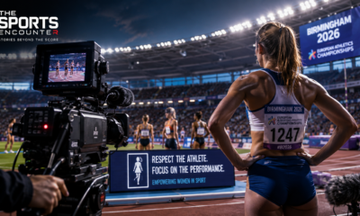Broadcast camera filming female athletes on the track at the 2026 European Athletics Championships in Birmingham, illustrating new guidelines for respectful, performance-focused coverage of women’s sport.
