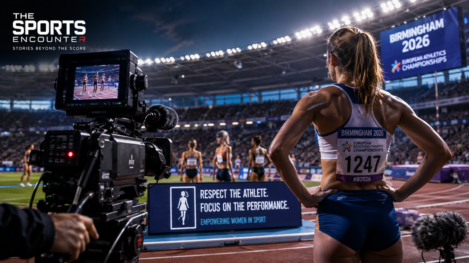 Broadcast camera filming female athletes on the track at the 2026 European Athletics Championships in Birmingham, illustrating new guidelines for respectful, performance-focused coverage of women’s sport.