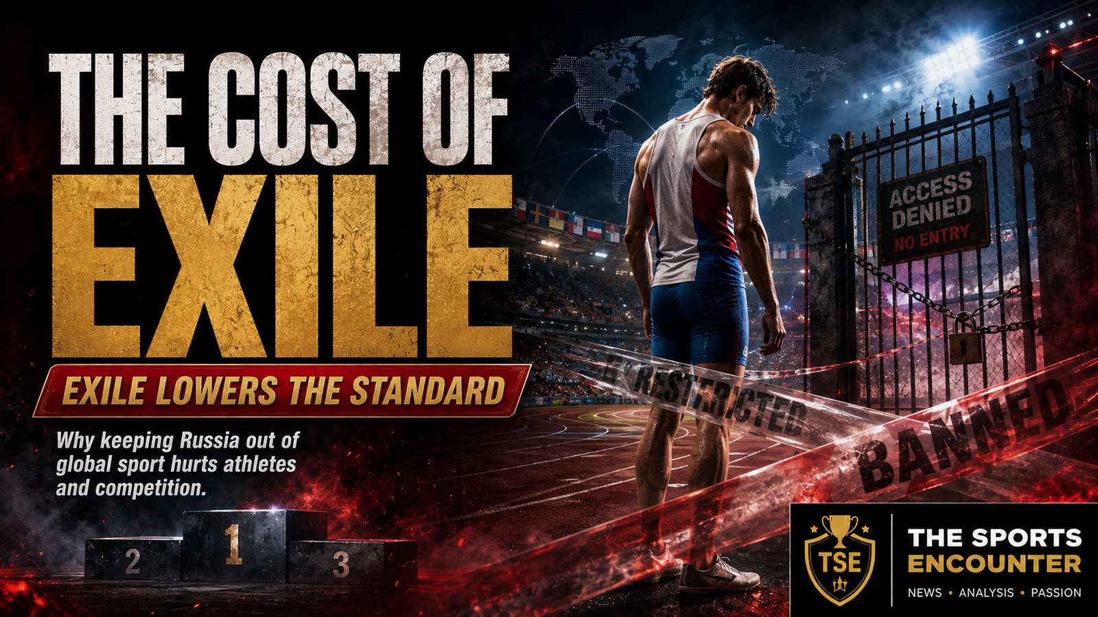 Cinematic editorial graphic showing an isolated track athlete outside a locked international stadium gate marked “Access Denied,” with restricted and banned tape, an empty medal podium, the headline “The Cost of Exile,” the message “Exile Lowers the Standard,” and The Sports Encounter logo.