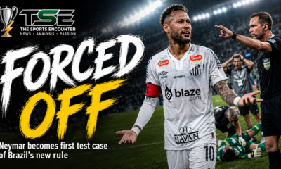 Neymar leaves the pitch temporarily during Santos’ match against Vasco after Brazil’s new goalkeeper injury time-wasting rule is applied.