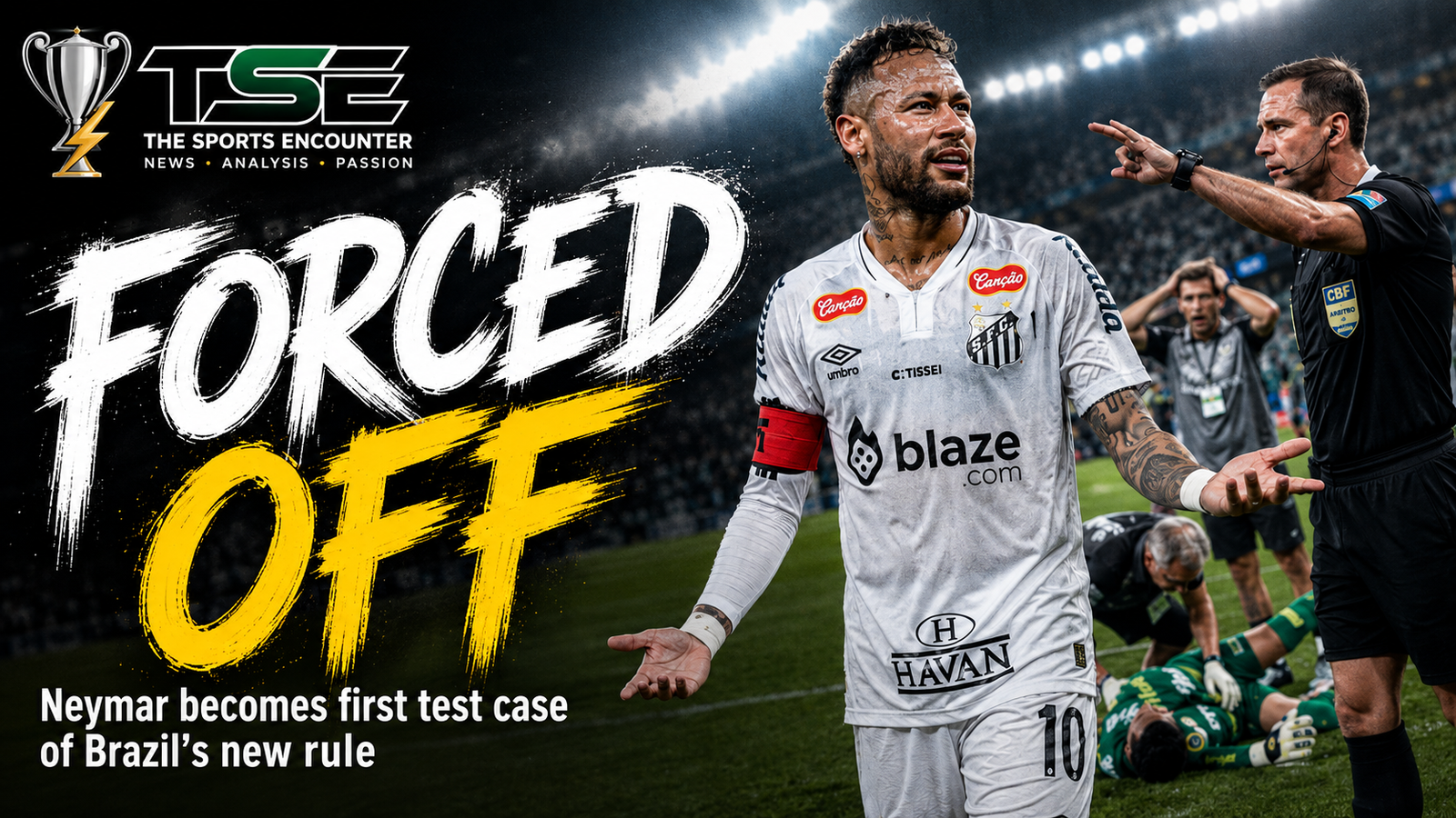 Neymar leaves the pitch temporarily during Santos’ match against Vasco after Brazil’s new goalkeeper injury time-wasting rule is applied.