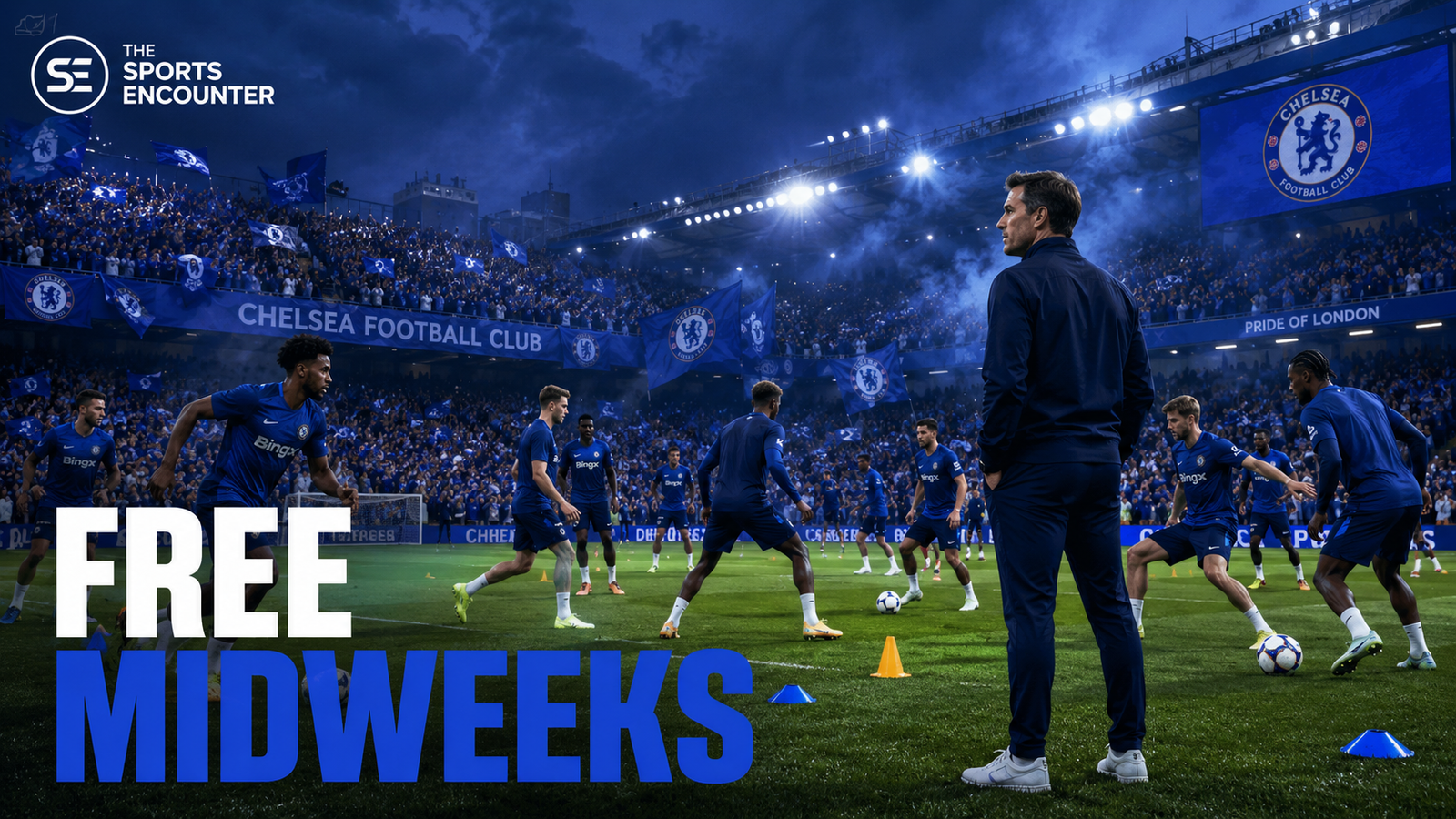 Xabi Alonso watches Chelsea players train at Stamford Bridge as cheering fans fill the stands, highlighting the club’s advantage of free midweeks without European football.