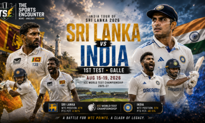 Sri Lanka and India cricketers face off in a cinematic VFX-style Test series poster at Galle, featuring the first Test dates, ICC World Test Championship context, team colors and The Sports Encounter logo.