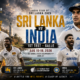 Sri Lanka and India cricketers face off in a cinematic VFX-style Test series poster at Galle, featuring the first Test dates, ICC World Test Championship context, team colors and The Sports Encounter logo.