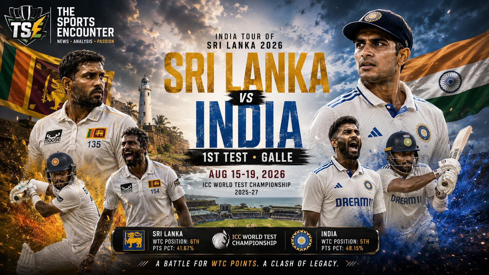Sri Lanka and India cricketers face off in a cinematic VFX-style Test series poster at Galle, featuring the first Test dates, ICC World Test Championship context, team colors and The Sports Encounter logo.
