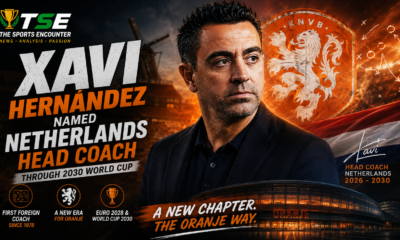 Xavi Hernández pictured as the new Netherlands head coach through the 2030 World Cup, with Oranje branding, tactical graphics, and Dutch football imagery marking the start of a new era for the national team.