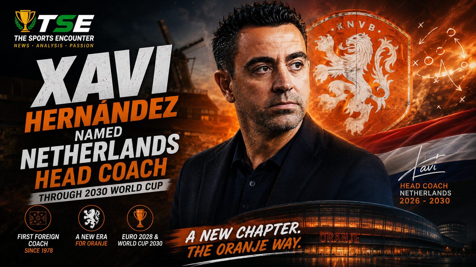 Xavi Hernández pictured as the new Netherlands head coach through the 2030 World Cup, with Oranje branding, tactical graphics, and Dutch football imagery marking the start of a new era for the national team.