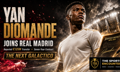 Cinematic Yan Diomande transfer graphic showing a young Ivorian winger in a white-and-gold kit outside a floodlit stadium, with the headline “Yan Diomande Joins Real Madrid,” a reported €125 million fee, seven-year contract through 2033, transfer-document imagery, and The Sports Encounter logo.