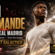 Cinematic Yan Diomande transfer graphic showing a young Ivorian winger in a white-and-gold kit outside a floodlit stadium, with the headline “Yan Diomande Joins Real Madrid,” a reported €125 million fee, seven-year contract through 2033, transfer-document imagery, and The Sports Encounter logo.