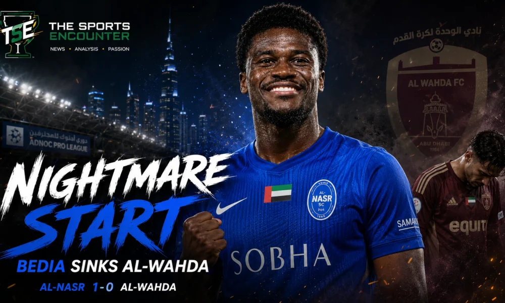 Chris Bedia and Al-Wahda players featured in a cinematic match graphic after Al-Nasr beat Al-Wahda 1-0 in the ADNOC Pro League.