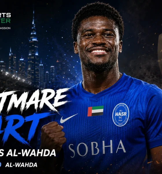 Chris Bedia and Al-Wahda players featured in a cinematic match graphic after Al-Nasr beat Al-Wahda 1-0 in the ADNOC Pro League.