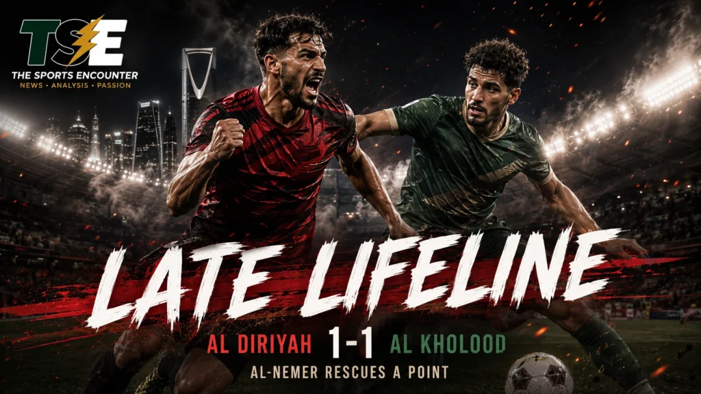 Al Diriyah and Al Kholood players in Saudi Pro League action after Meshari Al-Nemer’s late equalizer secured a 1-1 draw in Riyadh.