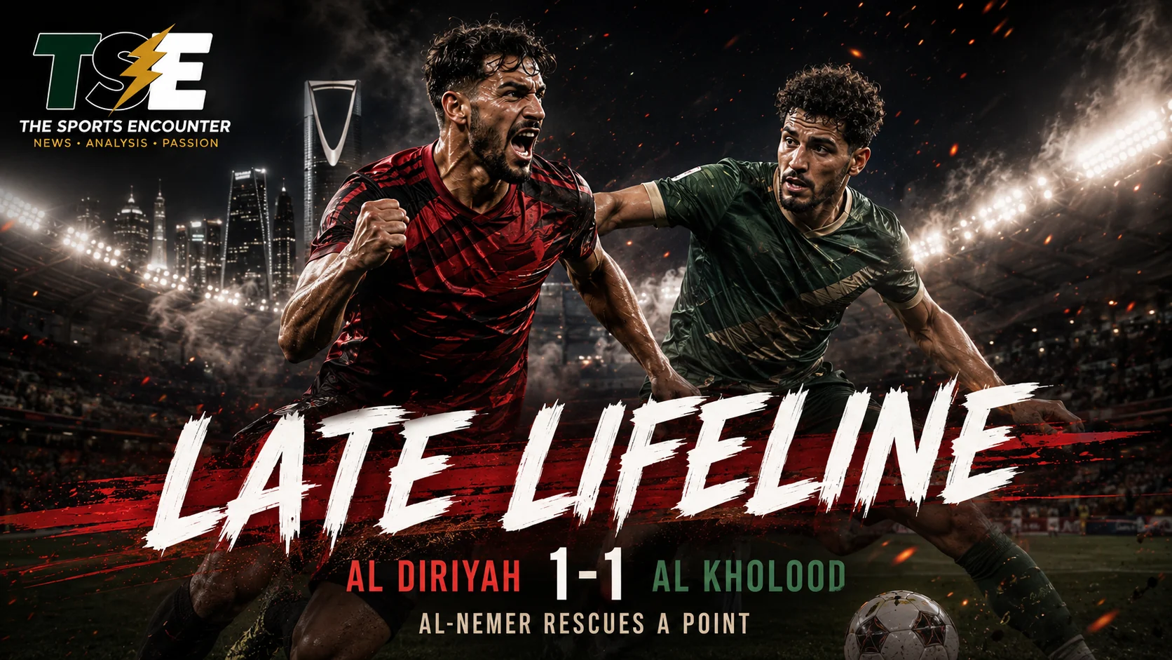 Al Diriyah and Al Kholood players in Saudi Pro League action after Meshari Al-Nemer’s late equalizer secured a 1-1 draw in Riyadh.